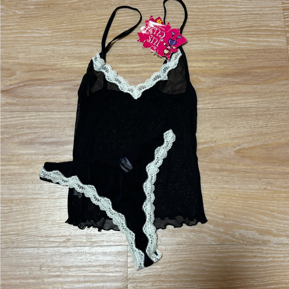 Vintage Black Sheer White Lace Tank Top Thong Set